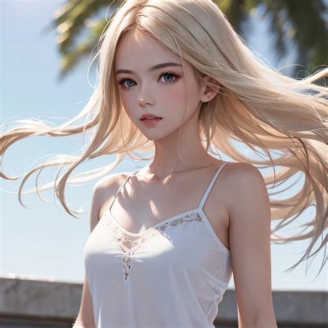 A close up of a woman with long blonde hair wearing a white top - SeaArt AI