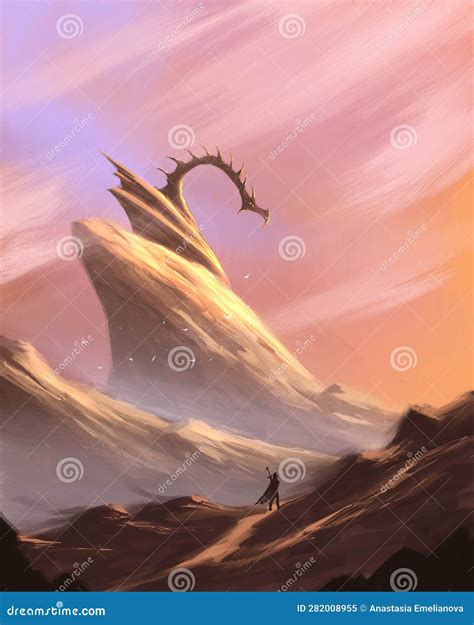 Fantasy Dragon on the Mountain Stock Illustration - Illustration of ...