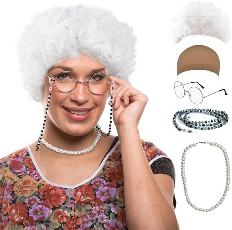 Amazon.com: GenmeiFBH White Granny Costume Wig,Old Lady Costume Set