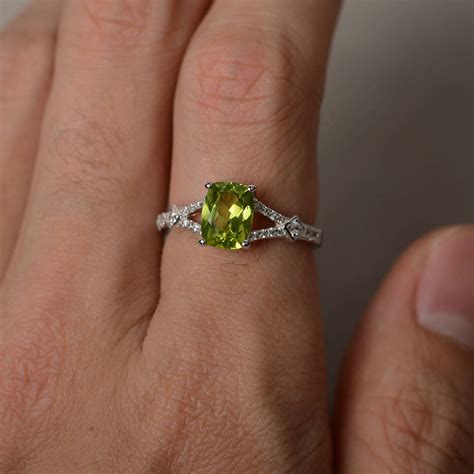 Natural Peridot Ring Silver Cushion Cut Engagement Ring Split - Etsy