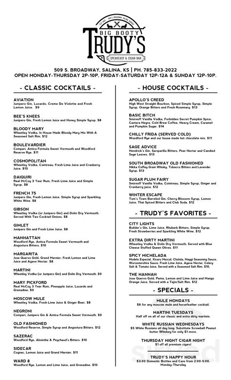 Big Booty Trudy's Speakeasy and Cigar Bar menus in Salina, Kansas