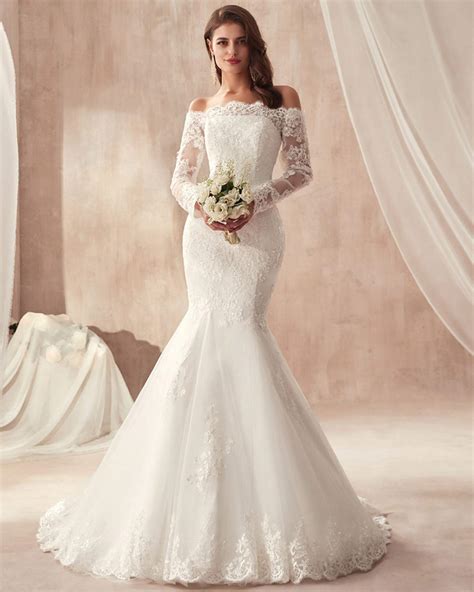 2018 Lace Mermaid Wedding Dresses Applique Beaded Long Sleeves Wedding ...