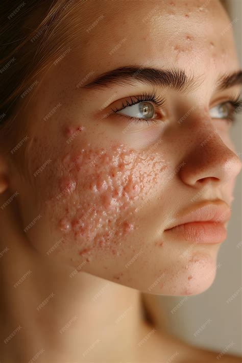 Severe acne on cheek inflamed bumps detailed skin imperfections