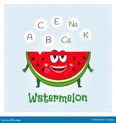 Watermelon Fruit Vitamins and Minerals. Funny Fruit Character. Healthy