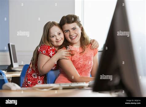 portrait   girls    computer lab stock photo alamy