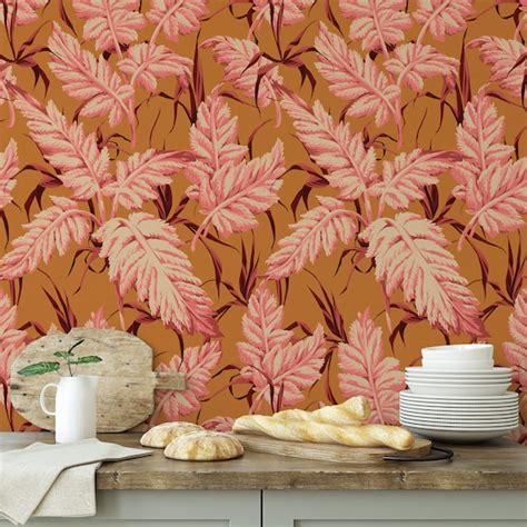 Pink Leaves Orange Wallpaper Boho Chic Pink and Orange Leaf | Etsy