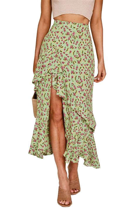 BTFBM Women Boho Floral Print Long Skirt Chic High Low Side Split