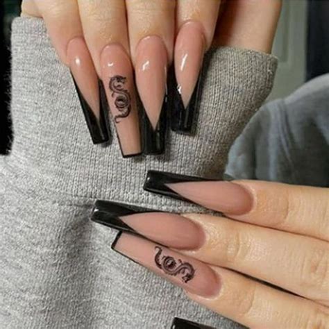 Coffin uñas de prensa extralargas con patrón, uñas acrílicas desnudas