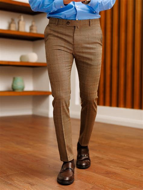 Brown Plaid Slim-Fit Pants