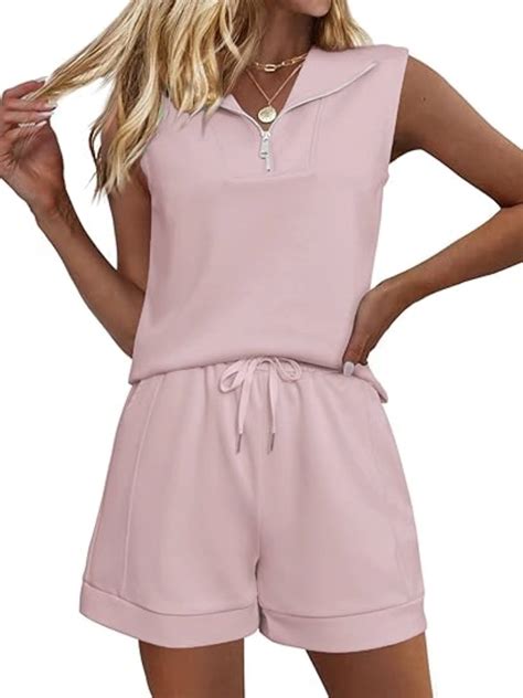 VDJ Women 2 Piece Short Sets Zip Up Collared Tank Tops Drawstring