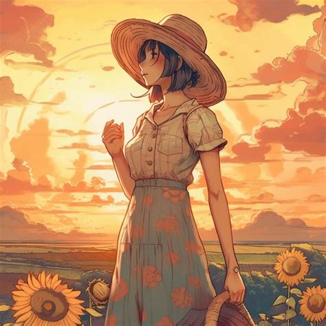 Premium Photo | Anime girl in a sunflower field with a basket of ...