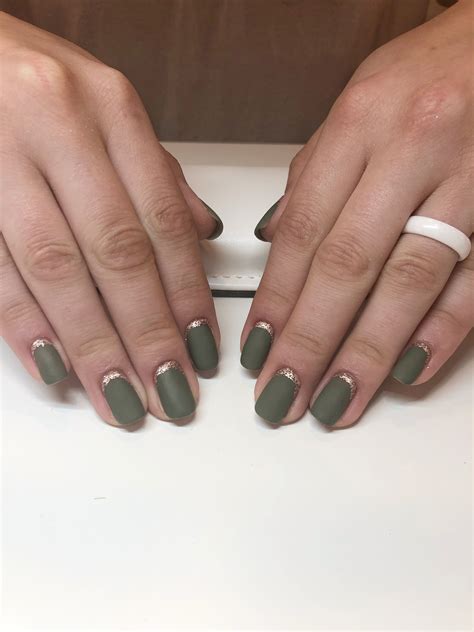 @nailsby.whit Matte Olive green with rose gold cuticle cuffs | Olive