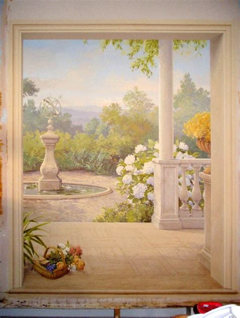 a painting of a garden with flowers and a fountain in the background is ...