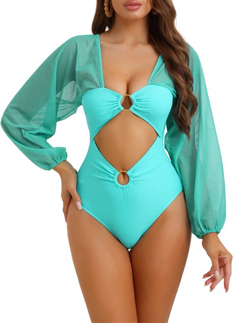 Women's Cut Out Ring Plunge Neck Shirred Bikini 1 Piece Long Sleeves