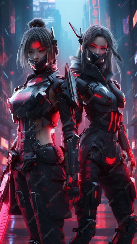 cyber girls  futuristic cyber clothing standing   city generative