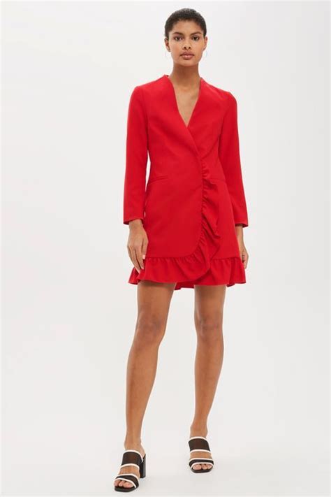 This sophisticated red blazer dress has been prettified with a fun ...