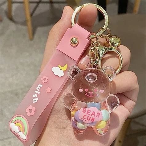 wimeti kawaii keychain bear liquid floating quicksand cute keychains