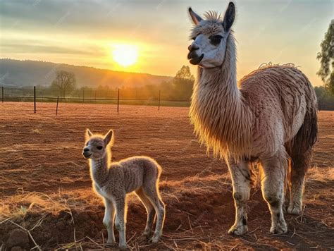 Premium AI Image | A llama and her baby are standing in a field at sunset.