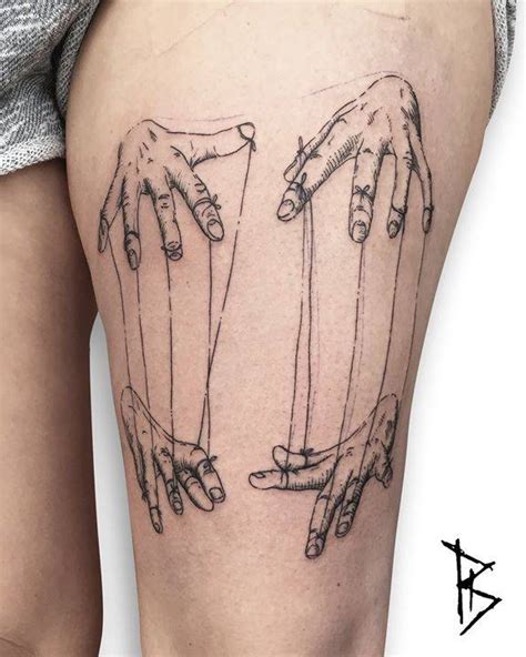 Engraving style puppet master hands on Melanie. Work