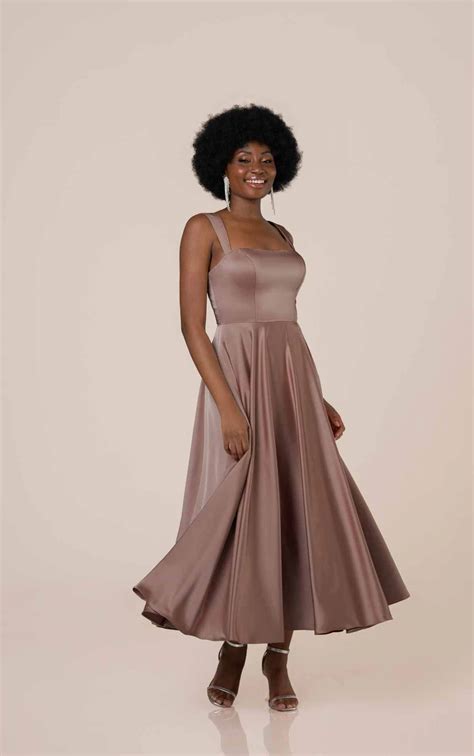 Charmeuse A-line Tea-Length Bridesmaid Gown with Square Neckline