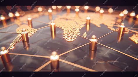 global network  interconnected gold nodes   world map premium