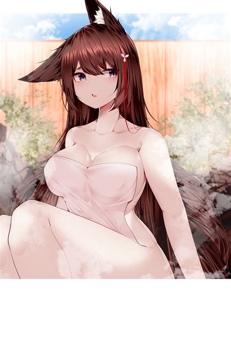 samip azur lane amagi (azur lane) animal ears kitsune naked onsen towel