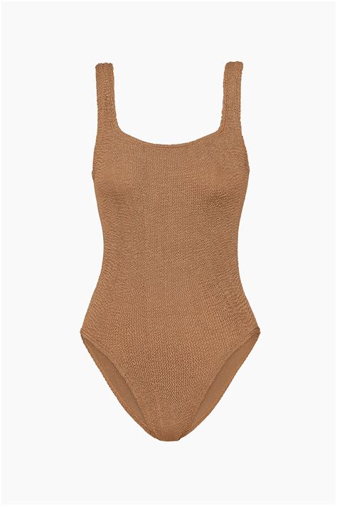HUNZA G Square neck one-piece in metallic cocoa – Soleil Blue