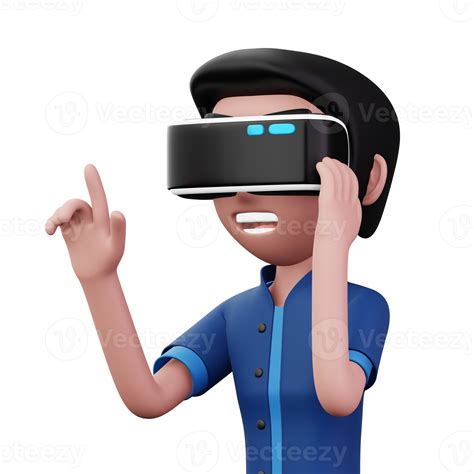 Happy man using virtual reality headset, Cute cartoon character with VR