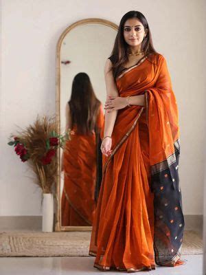 buy anjaneya sarees orange woven designer cotton silk kanjivaram saree