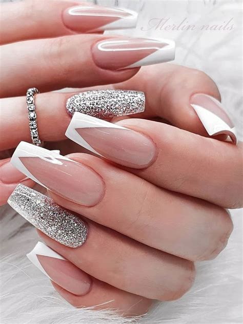 Cute white modern v French tip coffin nails with silver glitter accent ...