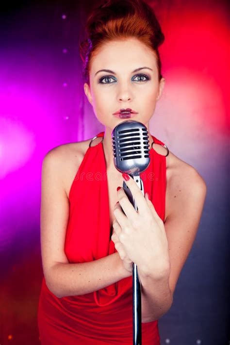 Female Singer Red Dress; Vintage Microphone Stock Image - Image of ...