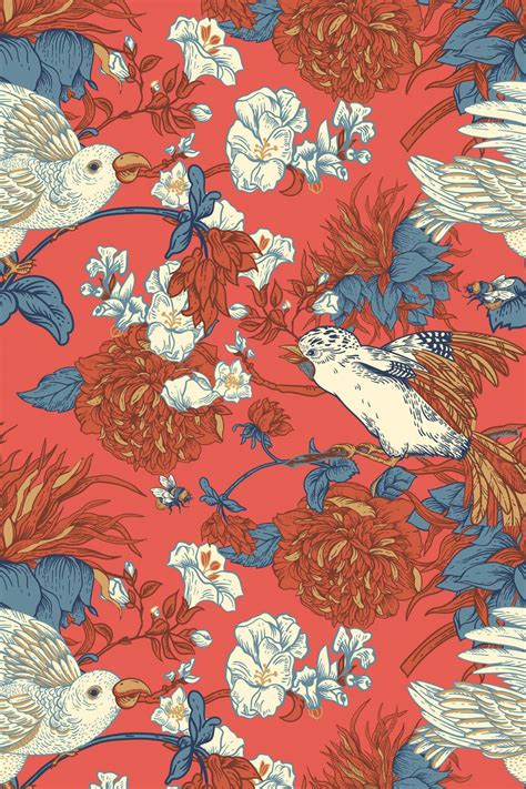 Red vintage chinoiserie wallpaper Peel & Stick or Non-pasted