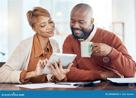 Finance, Tablet and Black Couple Doing Online Banking in Home To Check ...