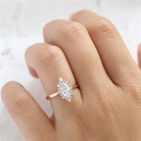 Marquise Cut Lab Grown Diamond Engagement Ring Rose Gold Halo Ring | La