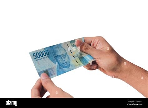 mans hand showing  thousand rupiah isolated  white background