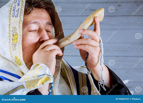 Jewish Man Blowing the Shofar Horn of Rosh Hashanah New Year Stock Image - Image of happy ...