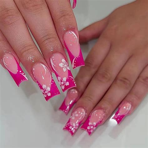 Press on Nails Long Square Fake Nails Glossy Glue on Nails Hot Pink