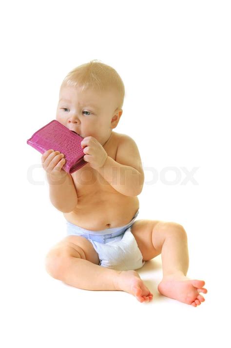 smuk baby med pink walletisolated på hvid baggrund | Stock foto | Colourbox
