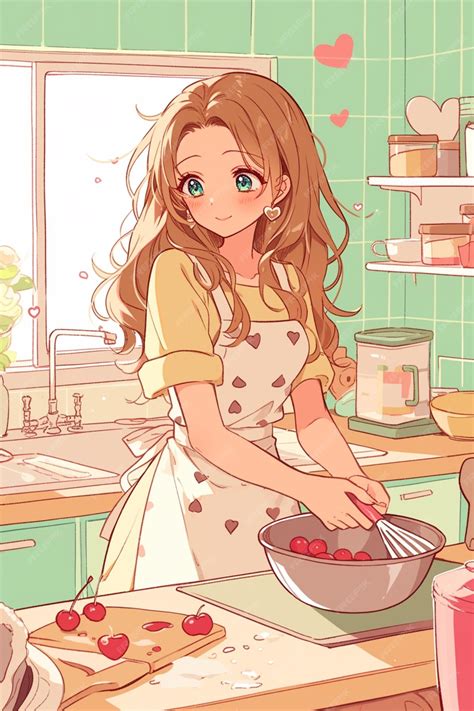 Premium Photo | Anime girl cooking in the kitchen with cherries in a
