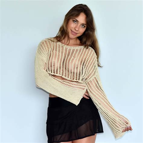 Crochet Top Boho Solid Hollow Knit See Through Top Sweater, Rave Outfit