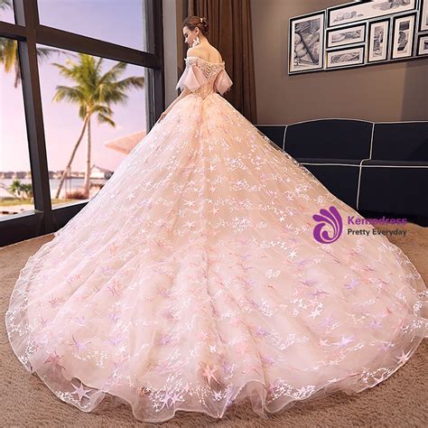 Off The Shoulder Pink Tulle Lace Beading Wedding Dress