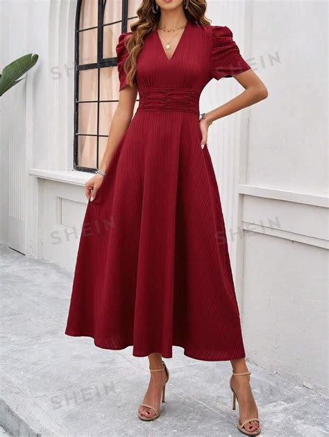 shein prive womens solid color  neck waist fitting   dress