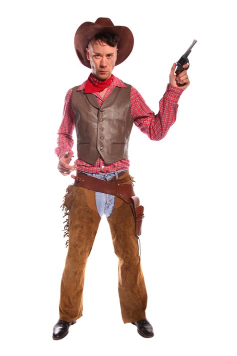 COWBOY RED AND BROWN COSTUME W LEATHER WIASTCOAT - Costume Boutique