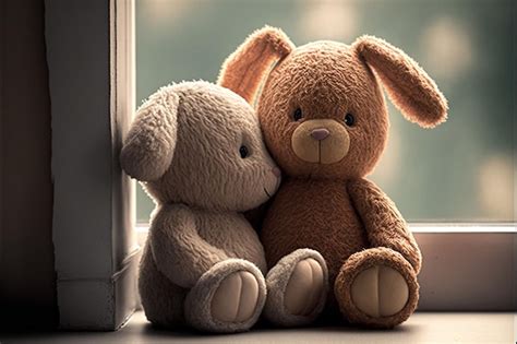 Premium Photo | Best friends teddy bear and bunny toy sitting on brown ...