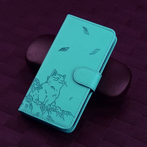 For iPhone 11 Cute Cat Embossed Leather Phone Case (Lake Blue