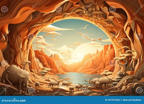 An Illustration of a Cave with Animals in it Stock Illustration - Illustration of meadow, grass ...