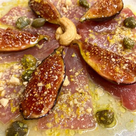 Tuna Carpaccio with 24hr Soy-Marinated Figs, caramelised and topped