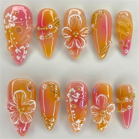 Amazon.com: Jremg Flower Press on Nails Medium Almond Fake Nails with