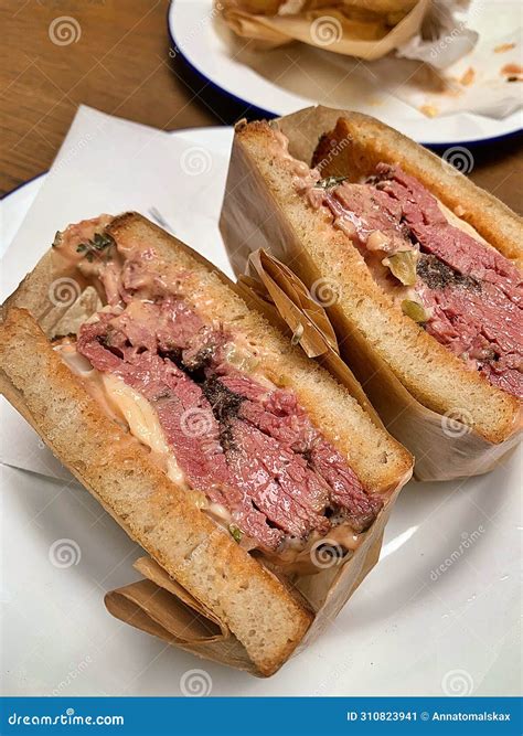 Pastrami Sandwich, Large Pieces of Marinated Meat, Sandwich with Meat