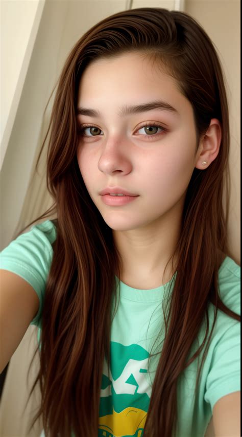 A close up of a young woman with long hair and a green shirt - SeaArt AI